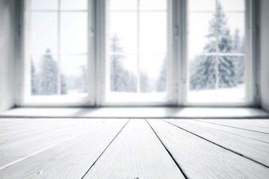 White wooden window and winter landscape 