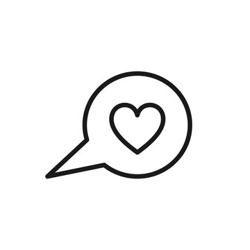 Black isolated outline icon of heart in speech bubble on white background. Line Icon of heart in speech bubble.