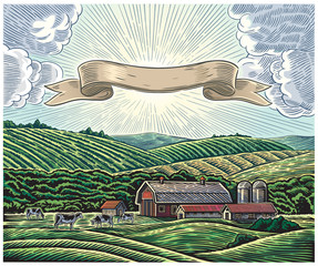 Rural landscape with a farm and with herd cows, drawn in engraving style. © Rustic