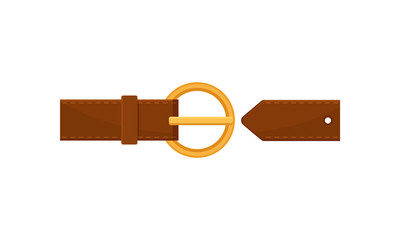 Flat vector ion of stylish brown leather belt with circle golden buckle. Trendy accessory. Element of clothing