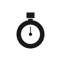 Black isolated icon of stop watch on white background. Silhouette of stopwatch. Flat design.