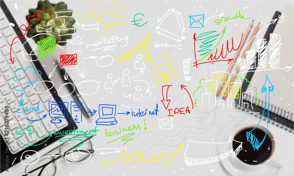 Poster computer keyboard at workplace and cup isolated on background