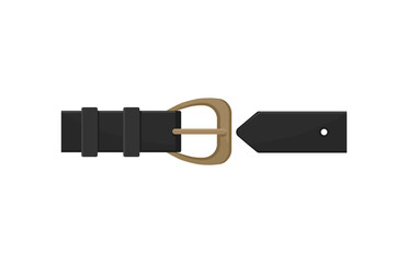 Flat vector icon of black men or women belt with metal buckle. Element of clothing. Classic leather accessory
