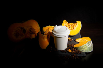 coffee bean pumpkin spice latte nutrition recipie mock up. cut pumpkin coffee beans and white paper cup for coffee break with a lid