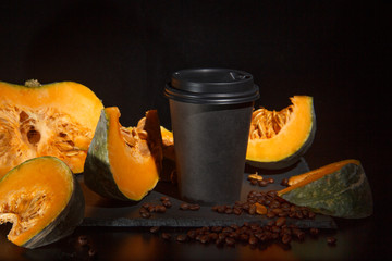 coffee bean pumpkin spice latte nutrition recipie mock up. cut pumpkin coffee beans and brown paper cup for coffee break with a lid