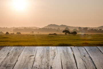 empty wooden table ricefield and sunrise background
