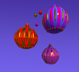 Colorful decorative balls on gradient purple background 3D illustration. Seasonal Christmas, New Year collection.