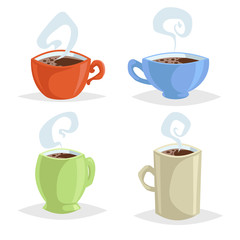 Obraz premium Cartoon coffee mugs or cup set. Collection of trendy design colorful coffee icons. Best for cafe and reastaurant menu. Vector illustrations.