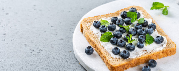 Delicious open sandwich with goat cheese and blueberries for breakfast or lunch on marble board. Food background with copy space.