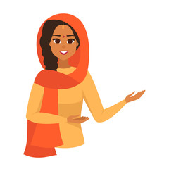 Portrait Young Indian business woman wearing scarf presenting something with two hands. arab girl in welcoming posture, demonstrates something, points to the right. vector illustration 