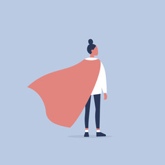 Superhero conceptual illustration. Young  female character wearing a superhero cape / flat editable vector illustration, clip art