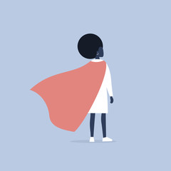 Superhero conceptual illustration. Young  black female character wearing a superhero cape / flat editable vector illustration, clip art