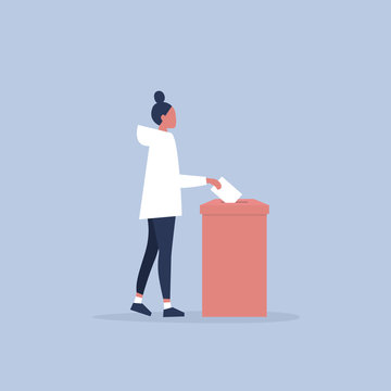 Vote, conceptual illustration. Young female character participating in elections / flat editable vector illustration, clip art