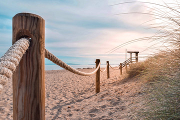 Fototapeta premium Rope fences protecting dune system on Es Cavallet Beach, Ibiza (Spain).