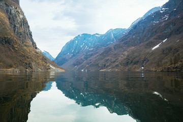Norwegian fjords, nature landscape, view of the mountains and water