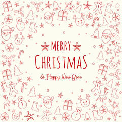 Concept of Christmas greeting card with hand drawn decorations. Vector.
