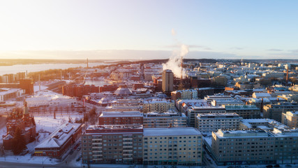 Beautiful view of Tampere city from above at sunset. Winter in Finland.
