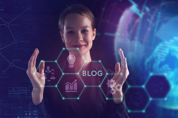 The concept of business, technology, the Internet and the network. A young entrepreneur working on a virtual screen of the future and sees the inscription: Blog