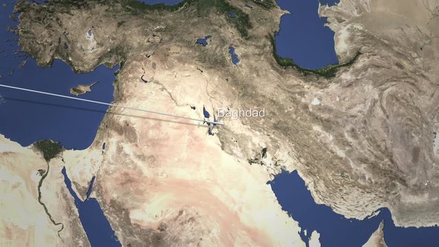 Route of a commercial plane to Baghdad, Iraq from west. Intro 3D animation
