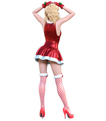 Young beautiful Santa girl doll face. Short red festive dress fur. Long blonde hair. Bright make up. Conceptual fashion art. Realistic 3D render illustration. Christmas, New Year.