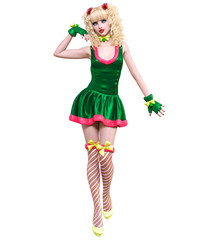 Young beautiful Santa girl doll face. Short green festive dress fur. Long blonde hair. Bright make up. Conceptual fashion art. Realistic 3D render illustration. Christmas, New Year.