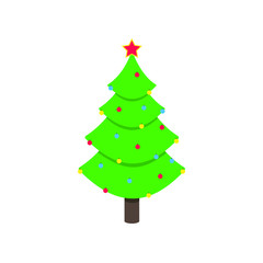 Christmas tree fir flat style design icon sign vector illustration. Symbol of family xmas holiday celebration isolated on white background.  With balls and stars. Merry christmas, happy new year!