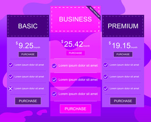 Modern price table template design, in purple colors. The sale page of your product or service on your website.