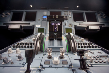 Inside airplane pilot cabin.