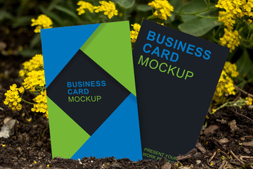 Outdoor Business Card Mockup in Garden with Flowers