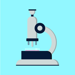 Science laboratory microscope flat style design icon sign vector illustration isolated on light blue background. Hospital or lab equipment element with lenses.