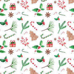 Seamless patern Christmas illustration, hand drawn watercolor. Design for backgrounds, wallpapers  and packaging.