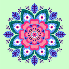 geometric floral ethnic decoration. Fashion mexican, navajo, aztec, native american ornament.  Colored vector design element for frame and border, textile, fabric or paper print. Vector illustration