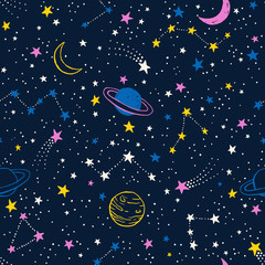 Seamless colorful pattern with planets, constellations and stars