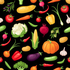 Seamless pattern with vegetables on black background
