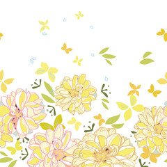 White vector repeat border with yellow dahlia and yellow butterflies. Surface pattern design.