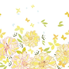 Poster Im Rahmen Weiße Vektorwiederholungsgrenze mit gelber Dahlie und gelben Schmetterlingen. Oberflächenmusterdesign. © Corpholia Design 