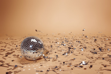 shiny silver disco ball and falling confetti on beige