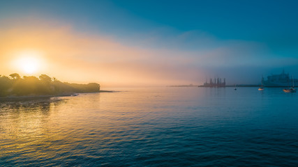 Fototapeta na wymiar Falmouth Estuary in the Morning mist - Aerial