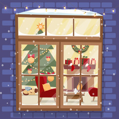 Obraz na płótnie Canvas Outside brick wall with window - Christmas tree, furnuture, wreath, fireplace, stack of gifts and pets. Cozy festively decorated light room outside view. Flat cartoon vector