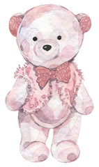 Cute teddy bear. Hand drawn watercolor illustration. Children plush toy. 