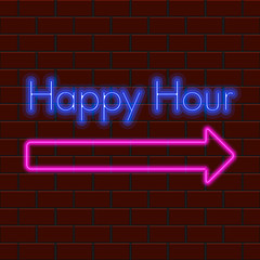 Happy hour neon poster. Vector illustration design