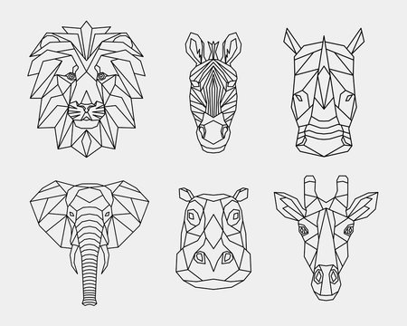 Set of abstract polygonal animals of Africa. Linear geometric lion, elephant, Zebra, giraffe, Rhino, hippopotamus. Vector illustration.