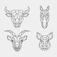 Set of abstract polygon animals. Linear geometric bull, horse, goat, pig. Vector illustration.