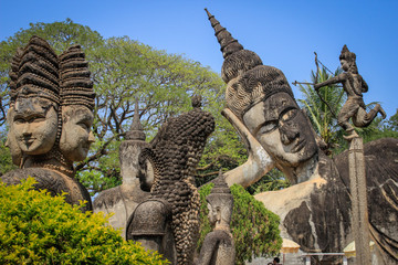 Buddha Park, Vientiane, Laos - February 26, 2015: sculptures and figures of gods. Buddhism and...
