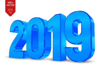 2019 blue metallic shiny numbers isolated on white background. 3D isometric new year sign for greeting card or poster. Happy New Year 2019. Vector Illustration.