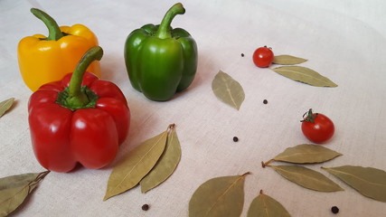 Sweet pepper of different colors, tomatoes and Bay leaf
