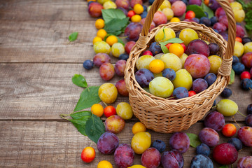 variety of plums on wooden surface