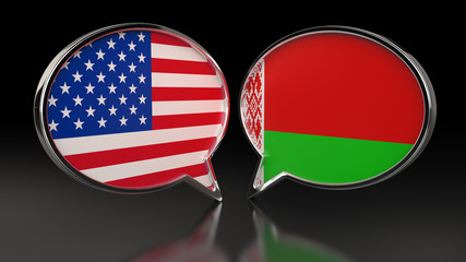 USA and Belarus flags with Speech Bubbles. 3D illustration