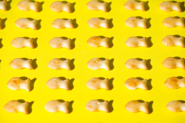 Cookies in form fish, yellow background, in bright sun with hard shadows.