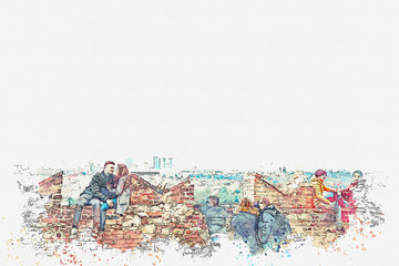A watercolor sketch or an illustration. People on the observation deck admire the beautiful view in Prague. Prague is one of the favorite cities for tourists.